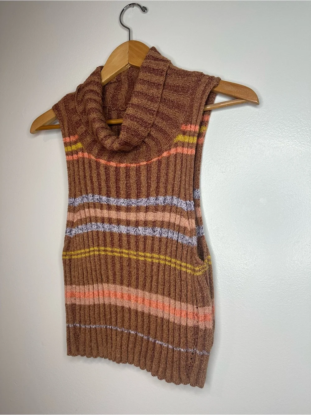Free People Edith Sweater Striped Sleeveless Turtleneck Tank Brown and Peach M